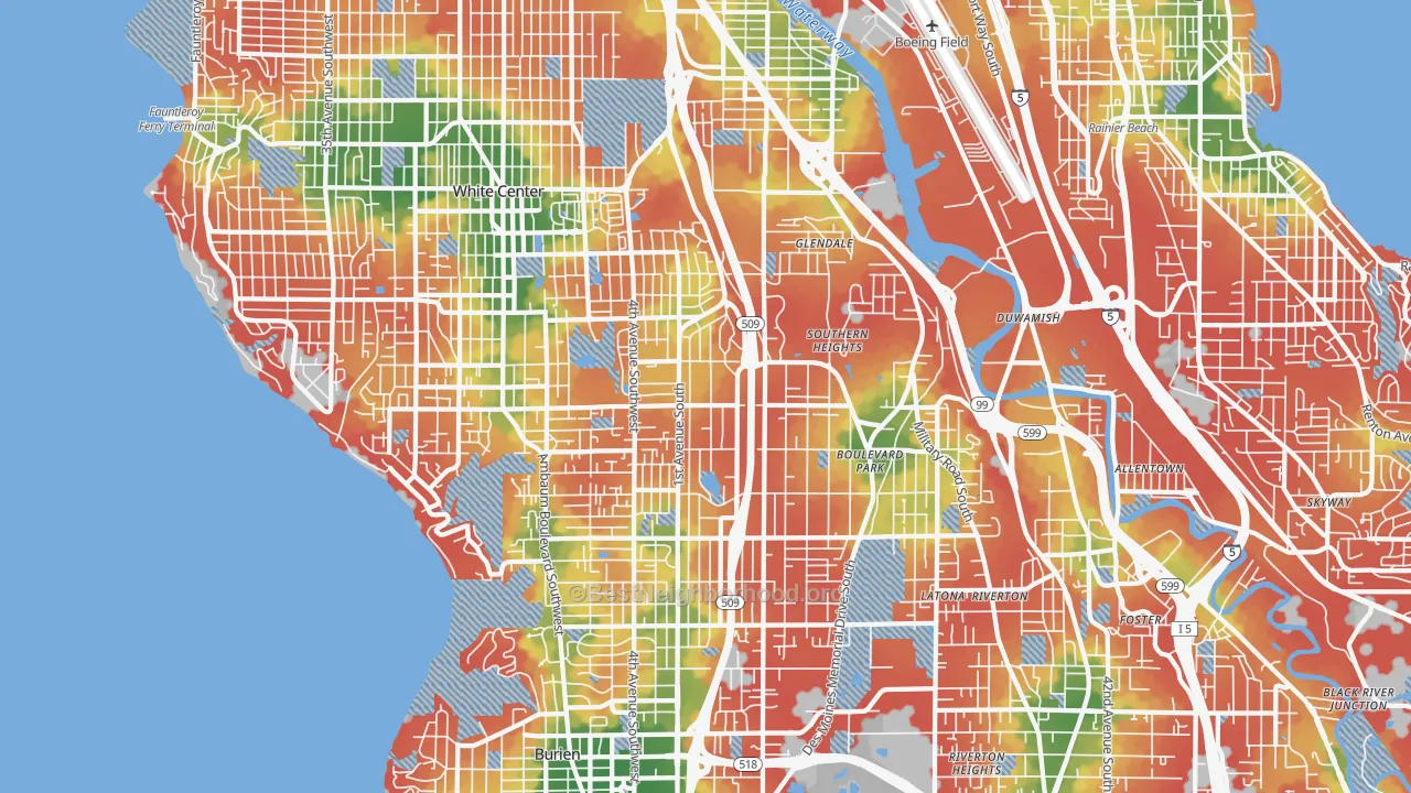 Walk Grade map of Highline, Seattle, WA, walkable areas in green and car-dependent areas in red
