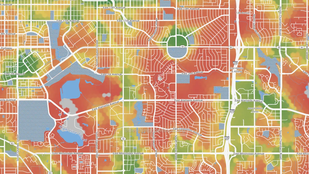 Walk Grade map of Highline Villages, Aurora, CO, walkable areas in green and car-dependent areas in red