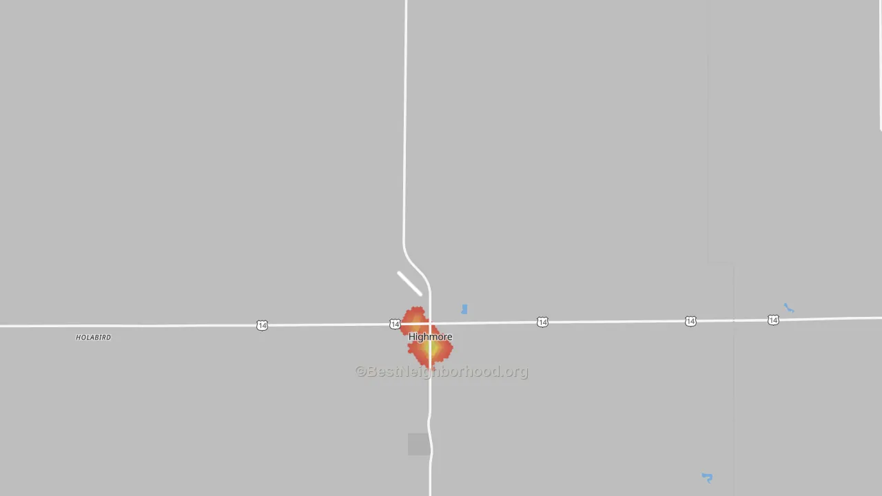 Walk Grade map of Highmore, SD, walkable areas in green and car-dependent areas in red