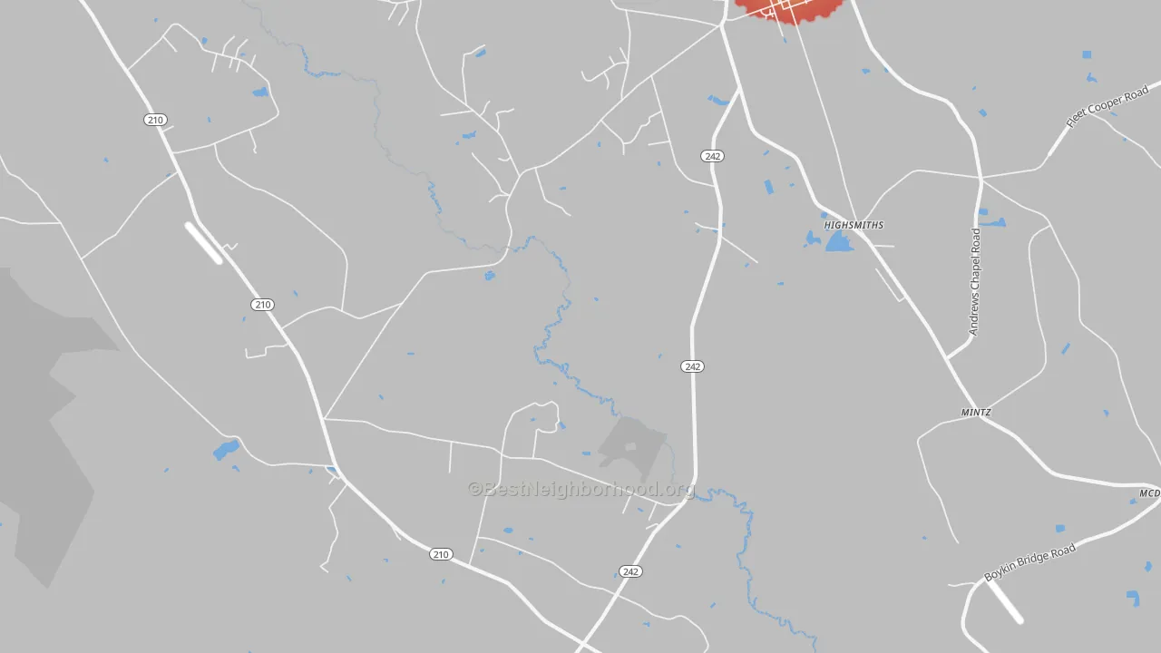 Walk Grade map of Highsmiths, NC, walkable areas in green and car-dependent areas in red