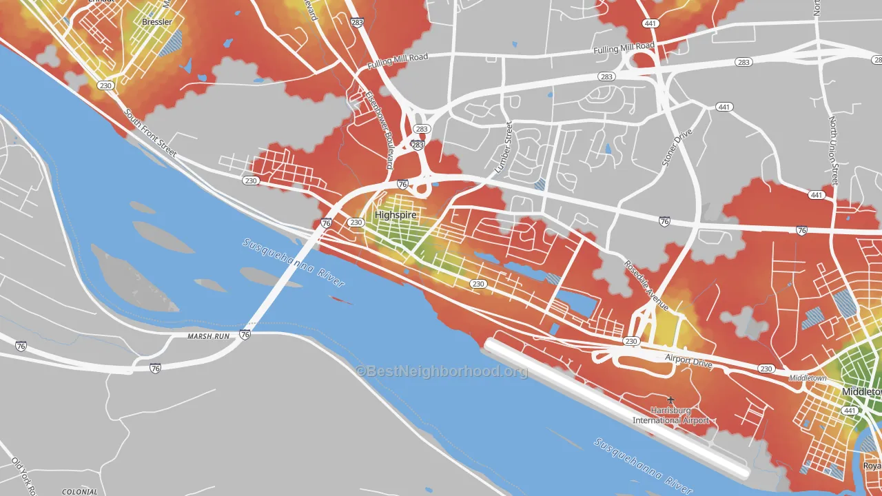Walk Grade map of Highspire, PA, walkable areas in green and car-dependent areas in red