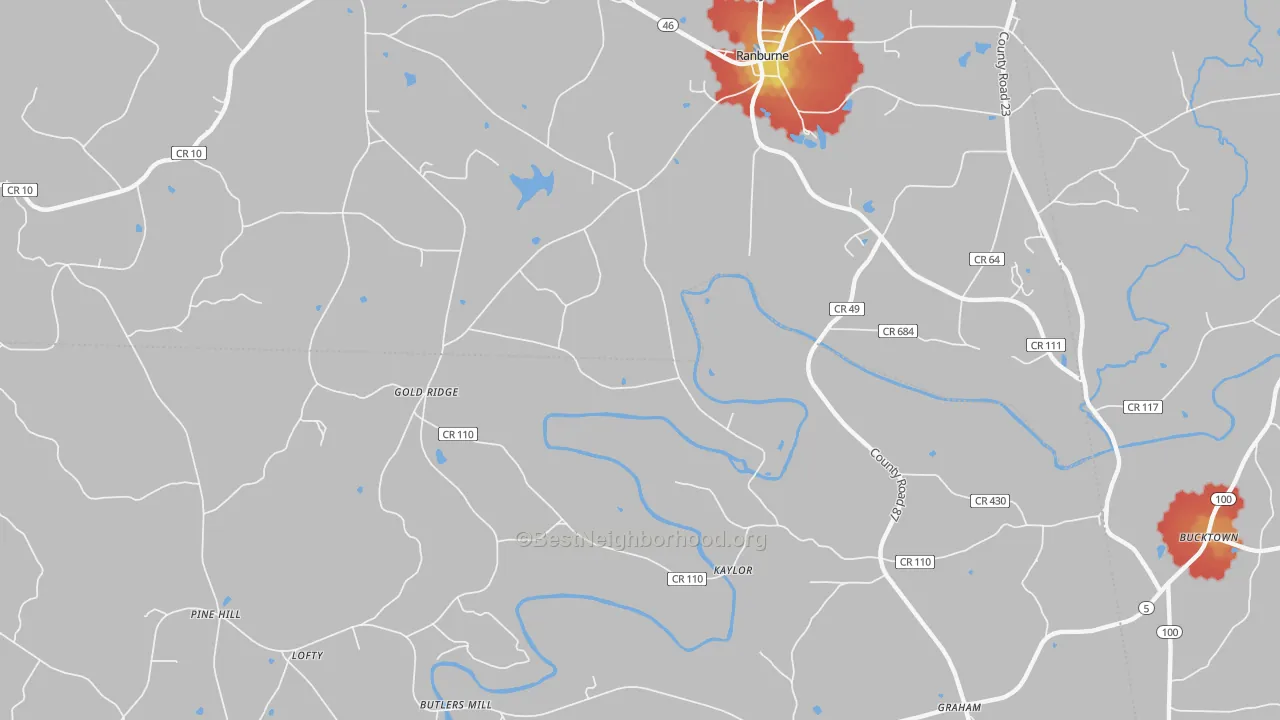 Walk Grade map of Hightower, AL, walkable areas in green and car-dependent areas in red