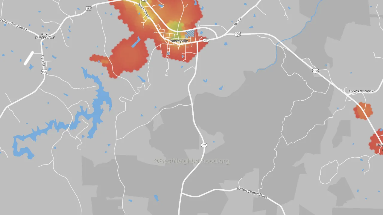 Walk Grade map of Hightowers, NC, walkable areas in green and car-dependent areas in red