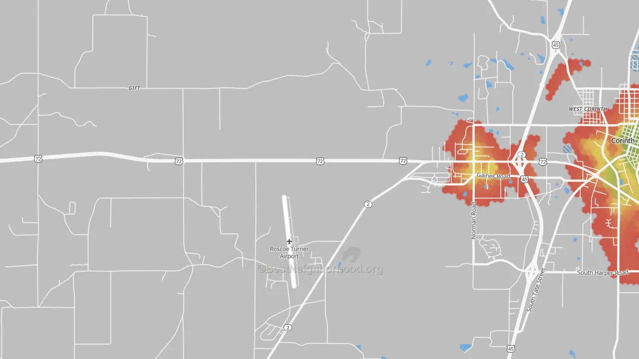 Walk Grade map of Hightown, MS, walkable areas in green and car-dependent areas in red