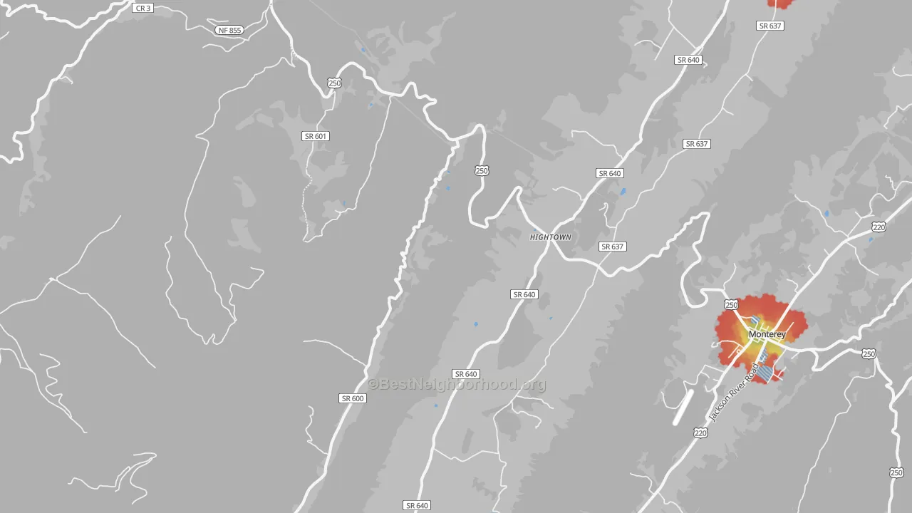 Walk Grade map of Hightown, VA, walkable areas in green and car-dependent areas in red
