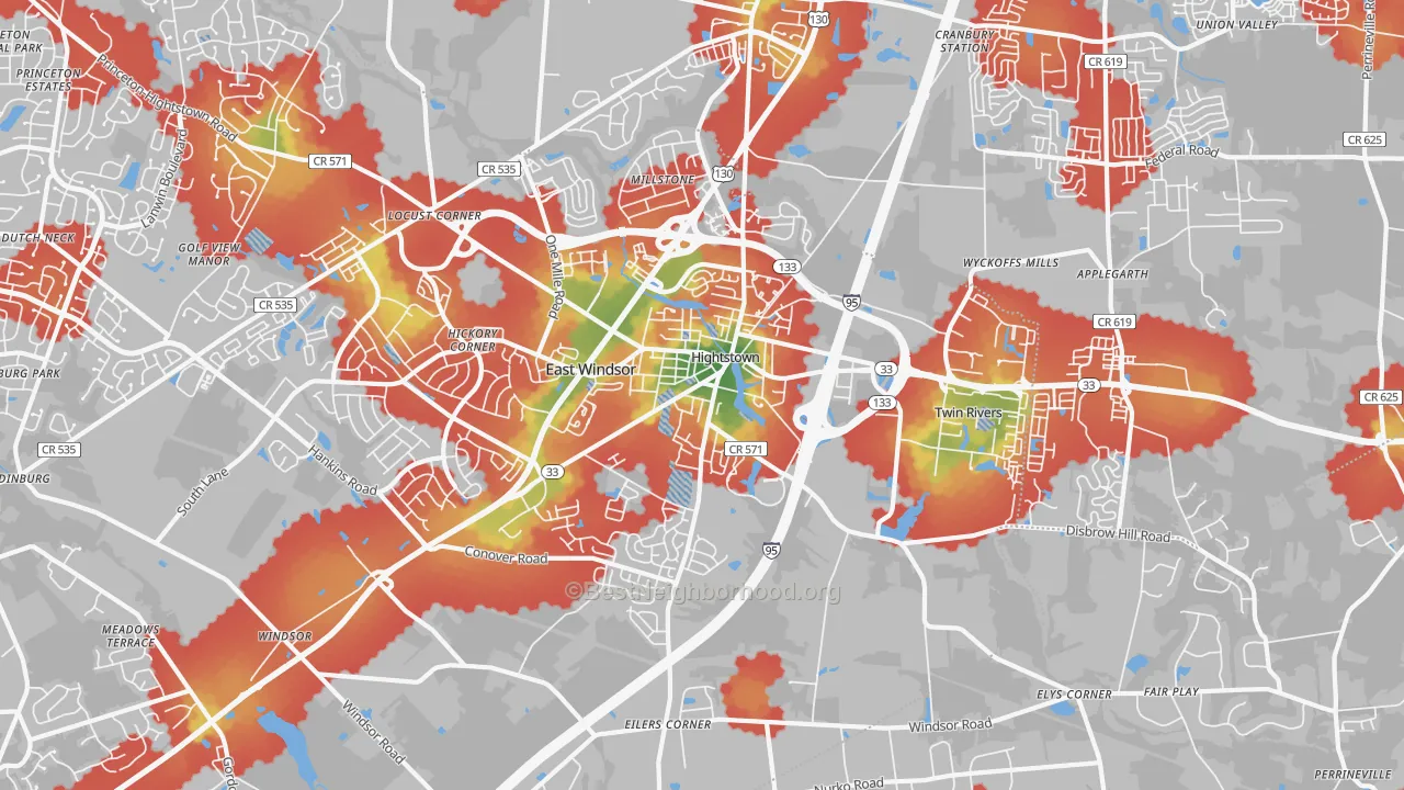 Walk Grade map of Hightstown, NJ, walkable areas in green and car-dependent areas in red