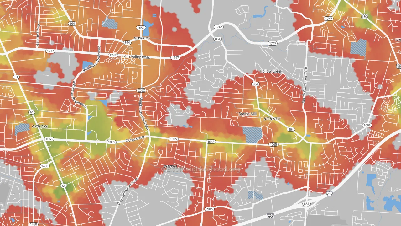 Walk Grade map of Highview, Louisville, KY, walkable areas in green and car-dependent areas in red