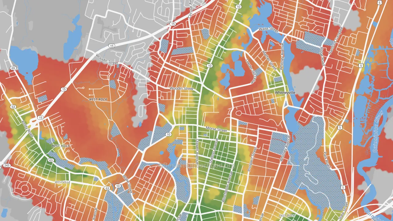 Walk Grade map of Highwood, Hamden, CT, walkable areas in green and car-dependent areas in red