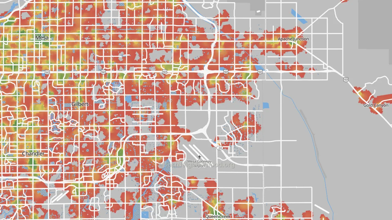 Walk Grade map of Higley, AZ, walkable areas in green and car-dependent areas in red
