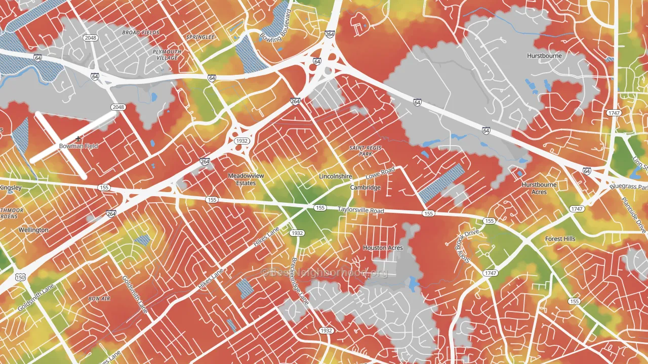 Walk Grade map of Hikes Point, Louisville, KY, walkable areas in green and car-dependent areas in red