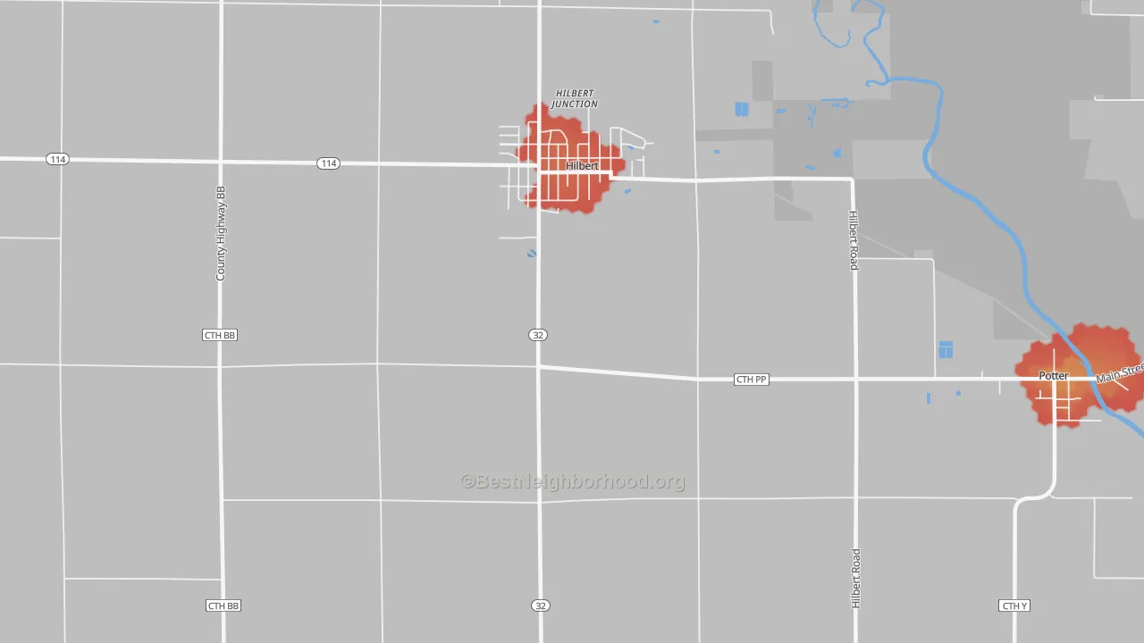 Walk Grade map of Hilbert Junction, WI, walkable areas in green and car-dependent areas in red