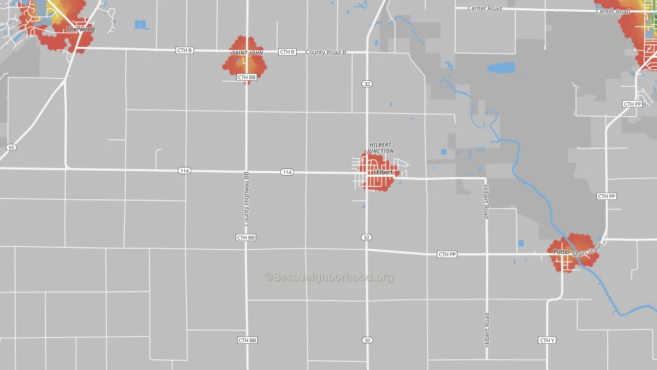 Walk Grade map of Hilbert, WI, walkable areas in green and car-dependent areas in red