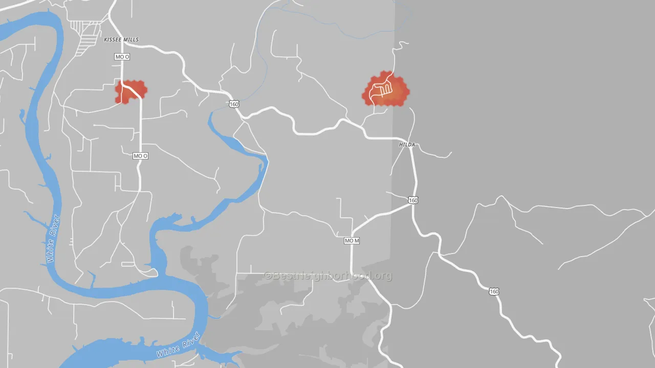 Walk Grade map of Hilda, MO, walkable areas in green and car-dependent areas in red
