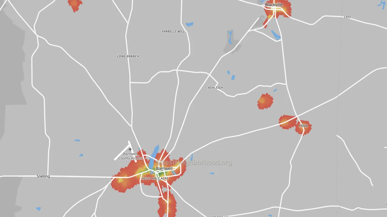 Walk Grade map of Hilda, SC, walkable areas in green and car-dependent areas in red