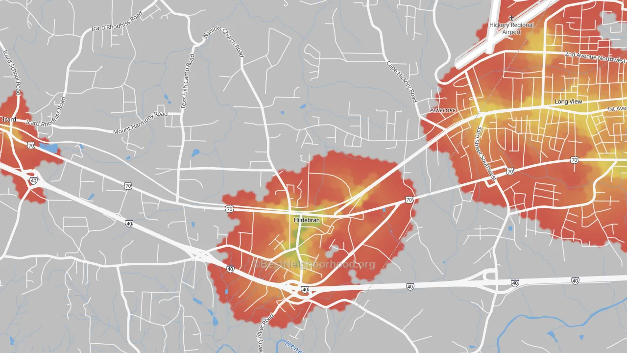 Walk Grade map of Hildebran, NC, walkable areas in green and car-dependent areas in red