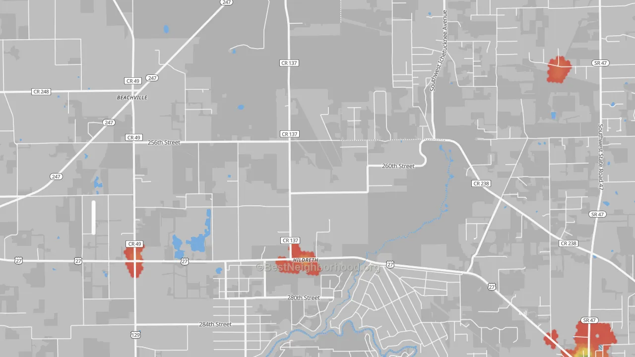 Walk Grade map of Hildreth, FL, walkable areas in green and car-dependent areas in red