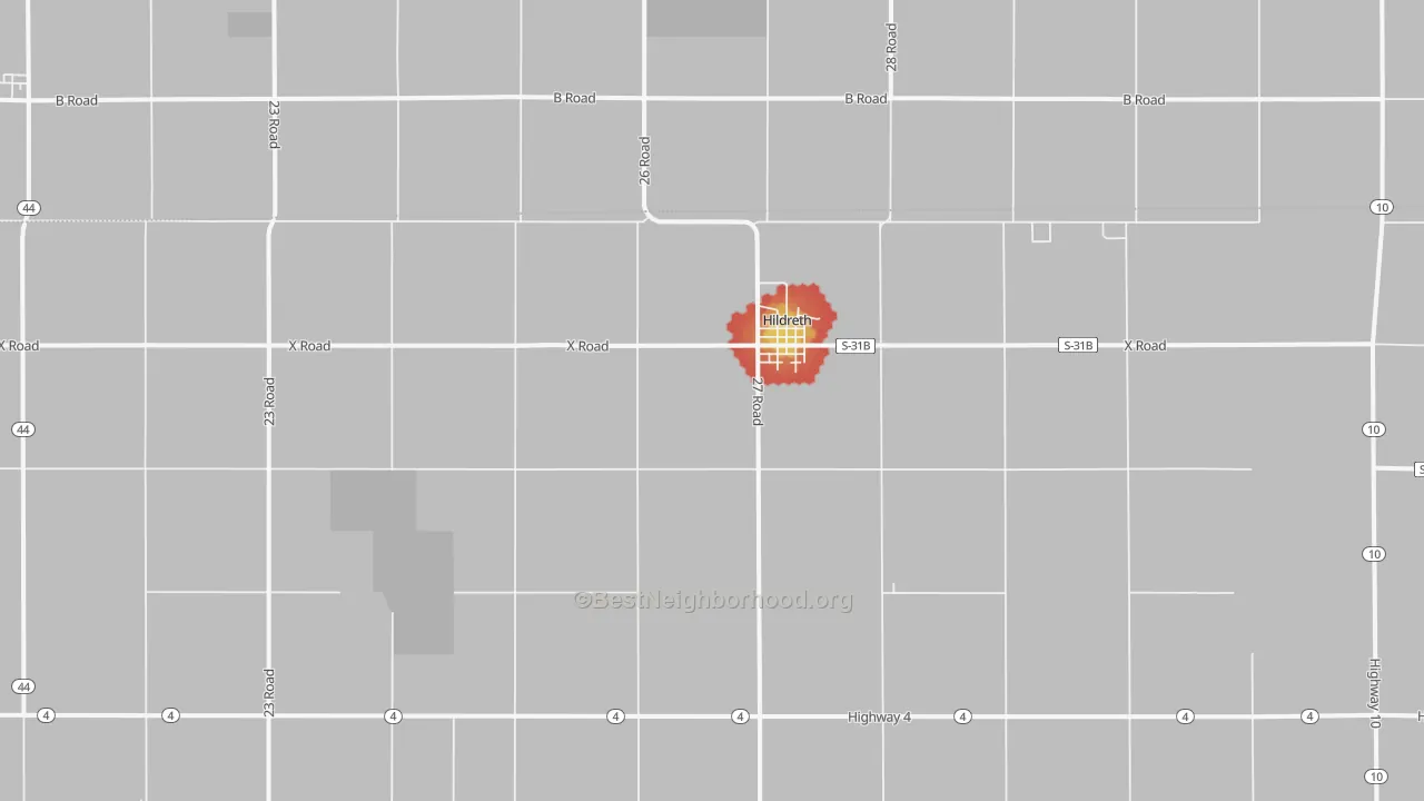 Walk Grade map of Hildreth, NE, walkable areas in green and car-dependent areas in red