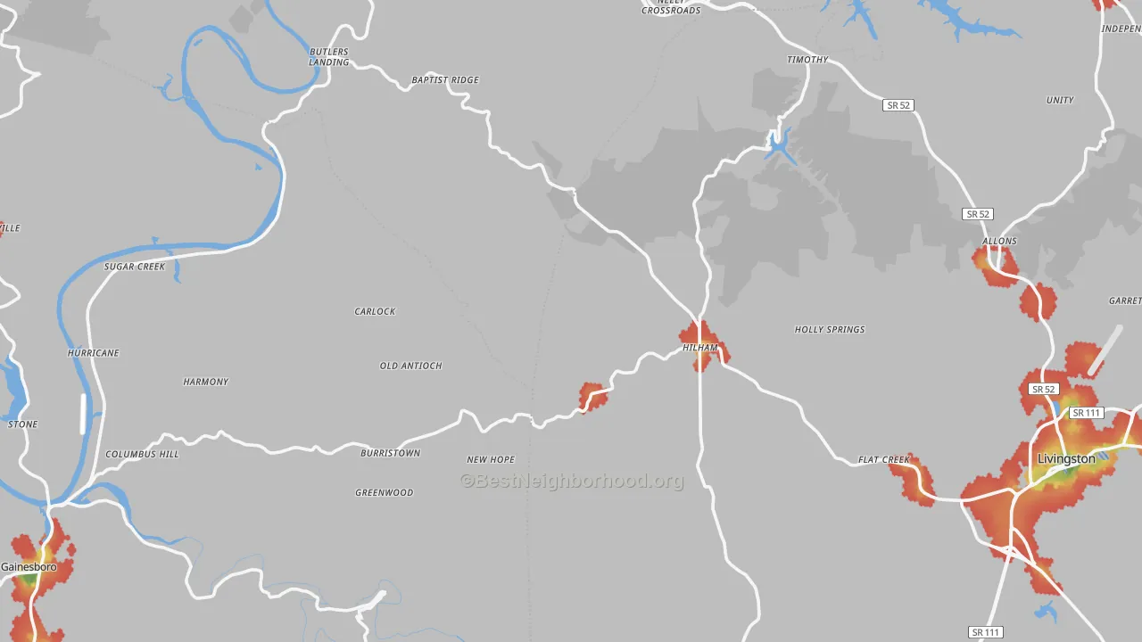 Walk Grade map of Hilham, TN, walkable areas in green and car-dependent areas in red