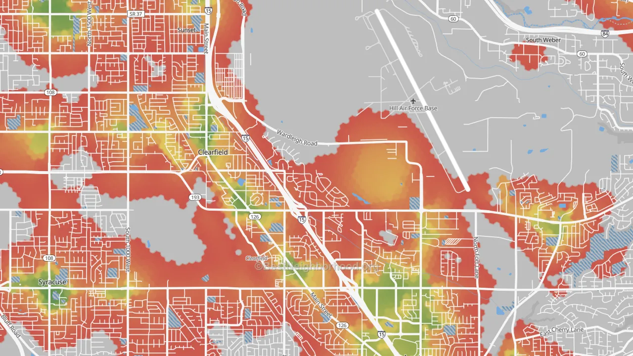 Walk Grade map of Hill Afb, UT, walkable areas in green and car-dependent areas in red
