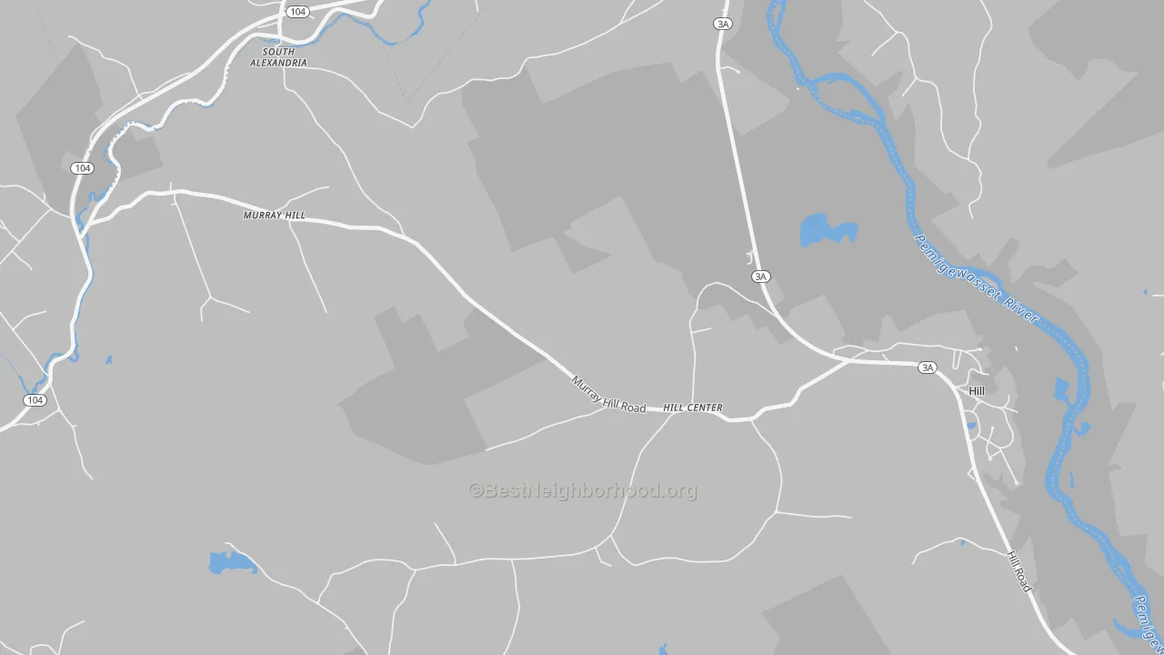 Walk Grade map of Hill Center, NH, walkable areas in green and car-dependent areas in red