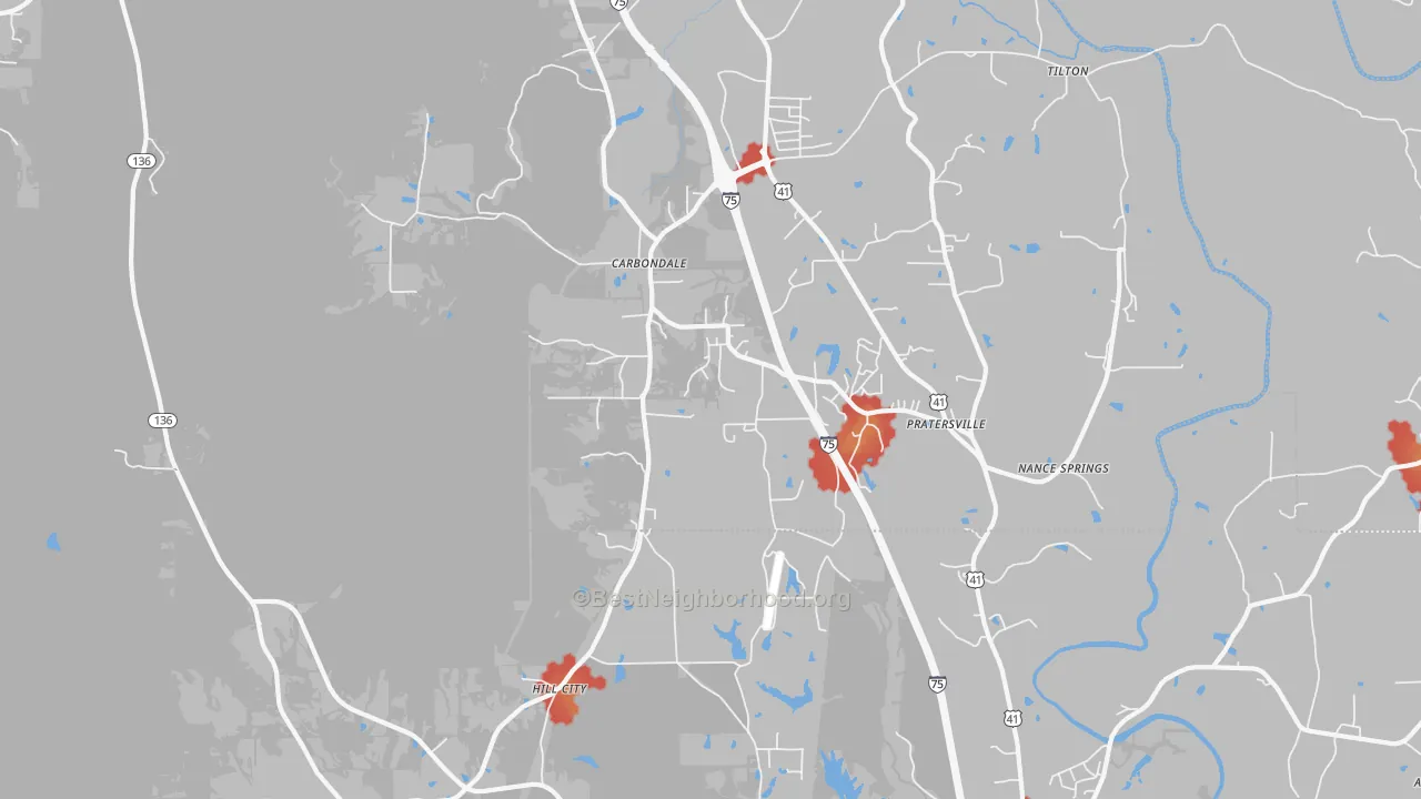 Walk Grade map of Hill City, GA, walkable areas in green and car-dependent areas in red