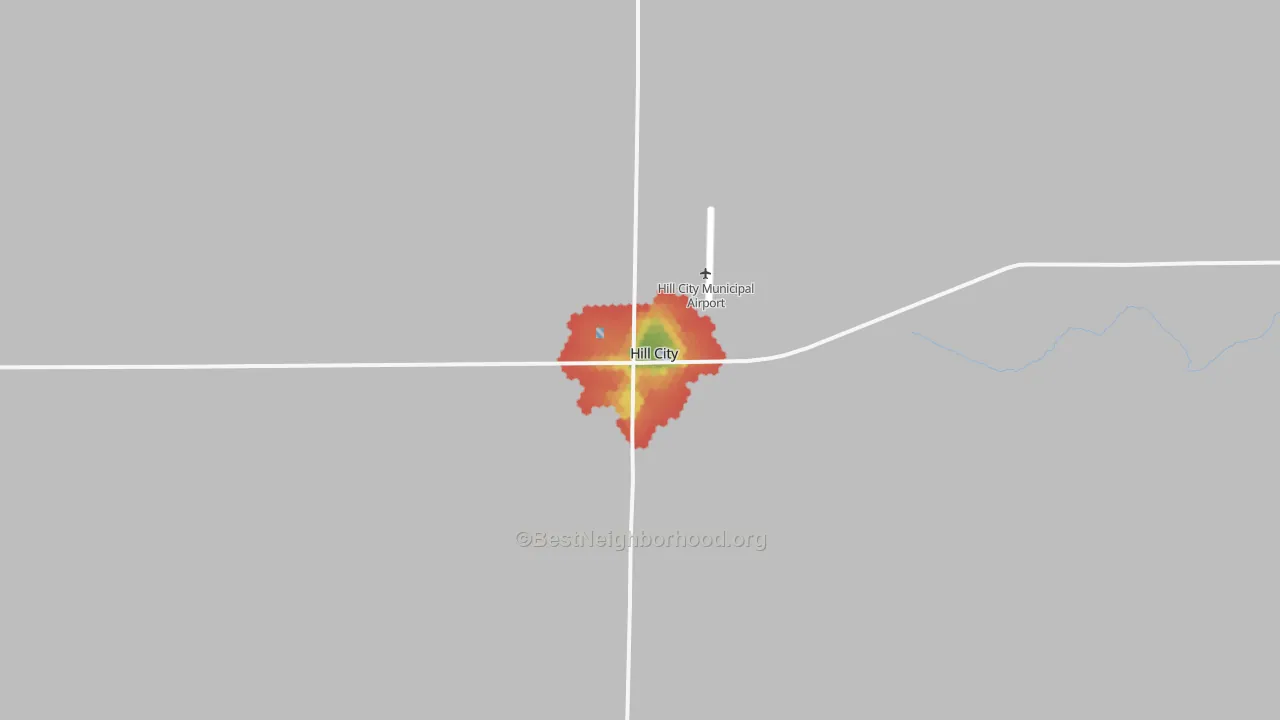 Walk Grade map of Hill City, KS, walkable areas in green and car-dependent areas in red