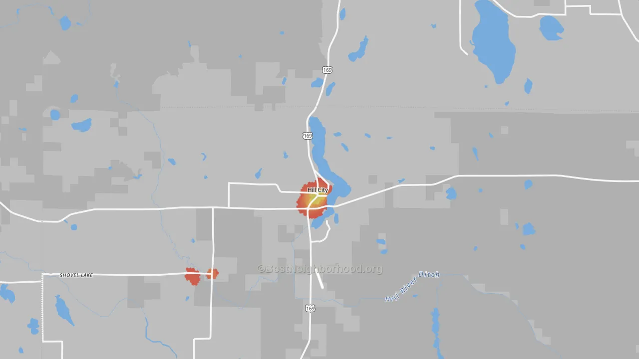 Walk Grade map of Hill City, MN, walkable areas in green and car-dependent areas in red