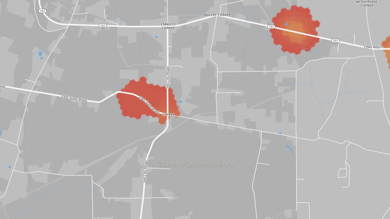 Walk Grade map of Hill City, PA, walkable areas in green and car-dependent areas in red