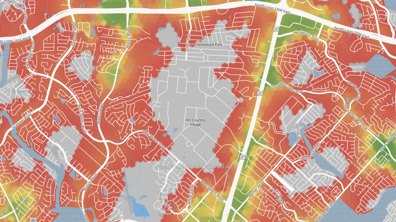 Walk Grade map of Hill Country Village, TX, walkable areas in green and car-dependent areas in red