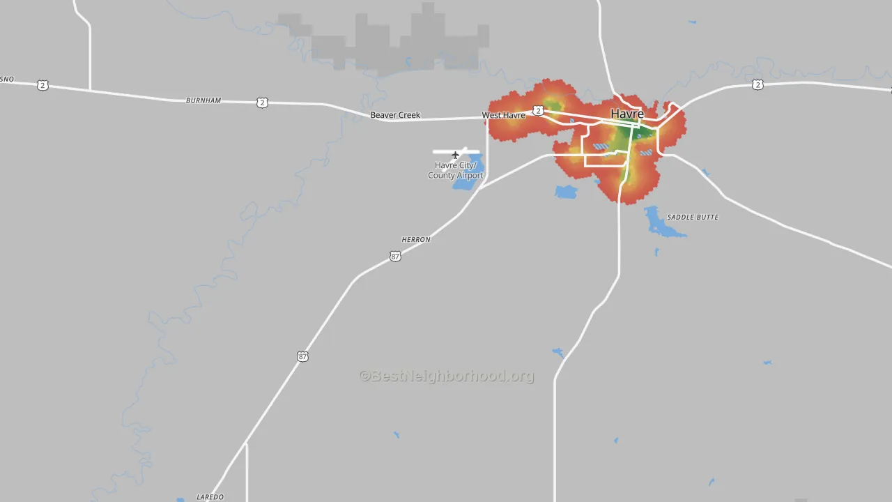 Walk Grade map of Hill County, MT, walkable areas in green and car-dependent areas in red