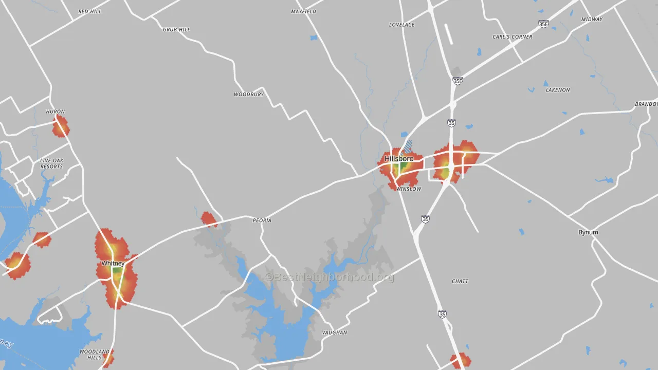 Walk Grade map of Hill County, TX, walkable areas in green and car-dependent areas in red