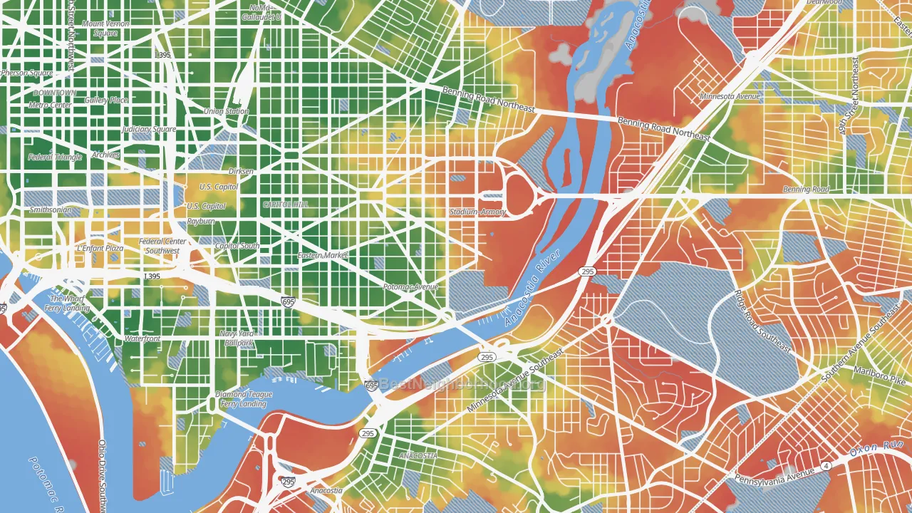 Walk Grade map of Hill East, Washington, DC, walkable areas in green and car-dependent areas in red
