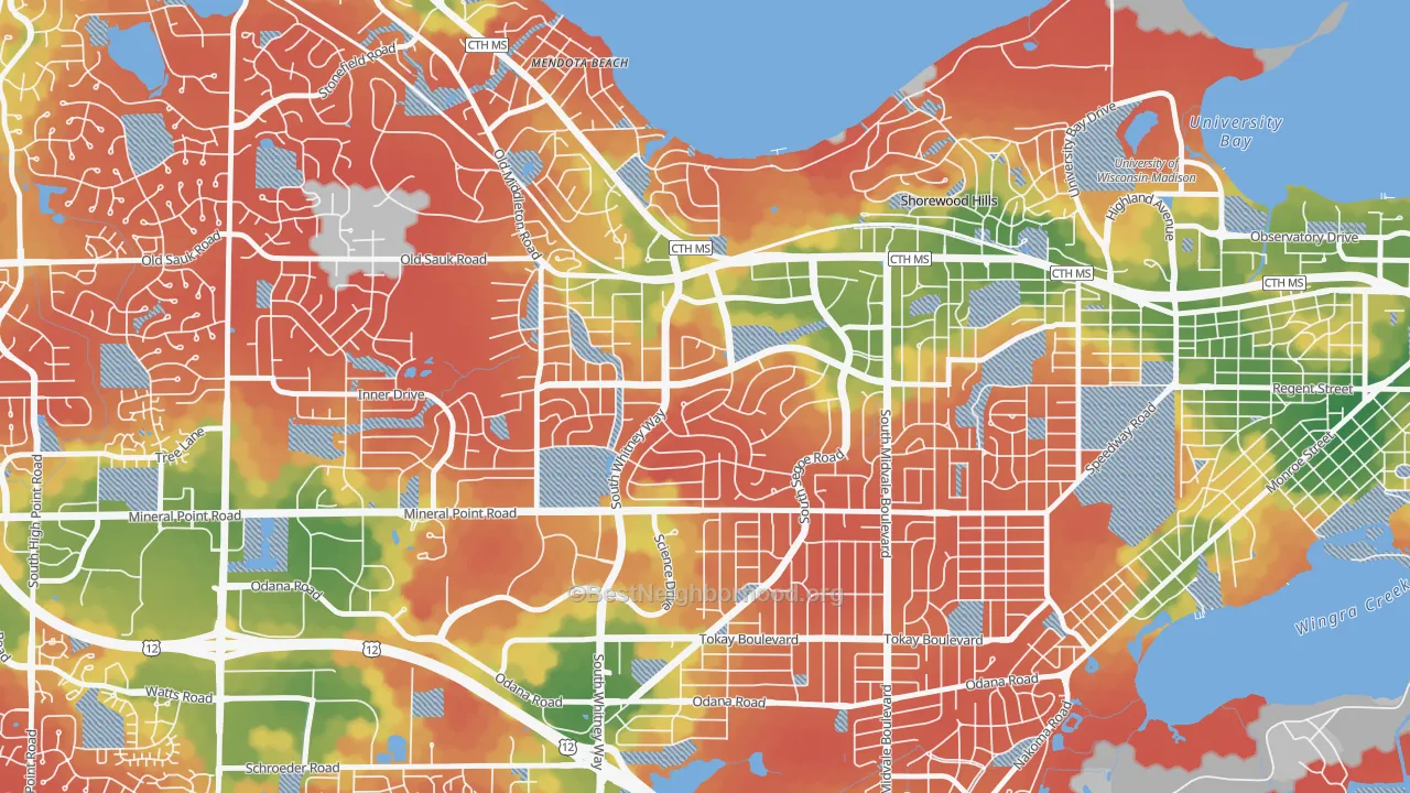 Walk Grade map of Hill Farms-University Neighborh, Madison, WI, walkable areas in green and car-dependent areas in red