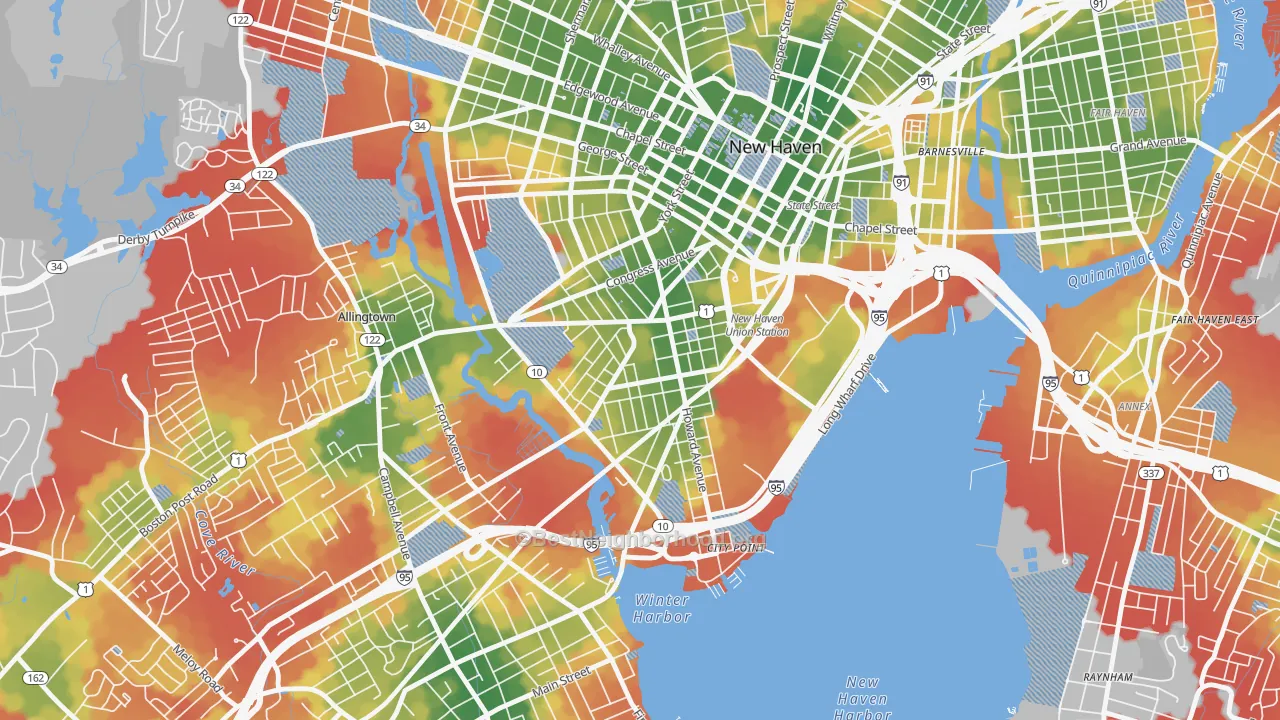 Walk Grade map of Hill, New Haven, CT, walkable areas in green and car-dependent areas in red