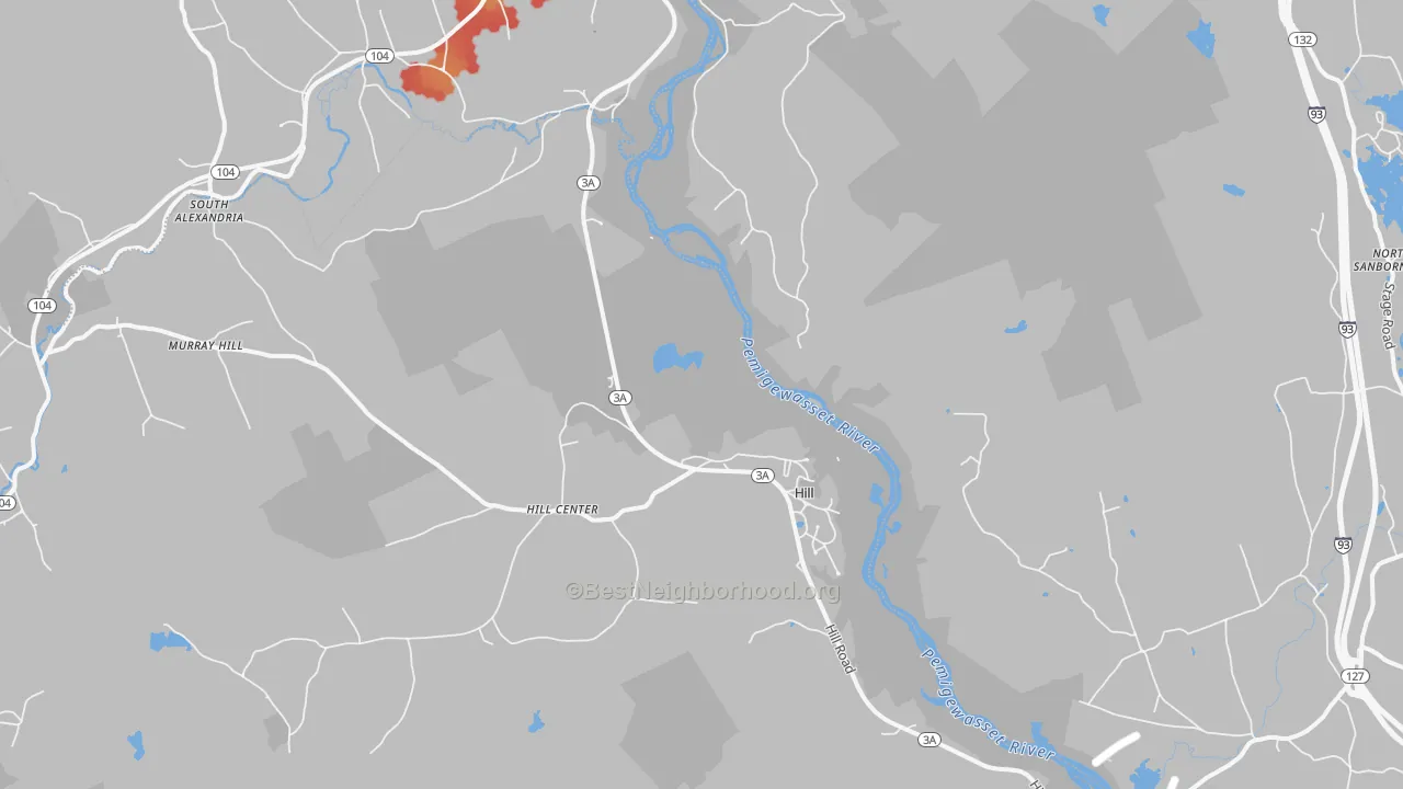 Walk Grade map of Hill, NH, walkable areas in green and car-dependent areas in red