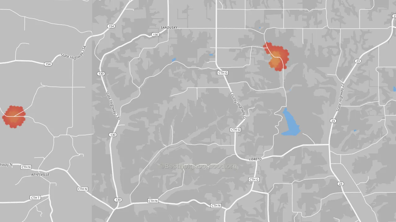 Walk Grade map of Hill Point, WI, walkable areas in green and car-dependent areas in red