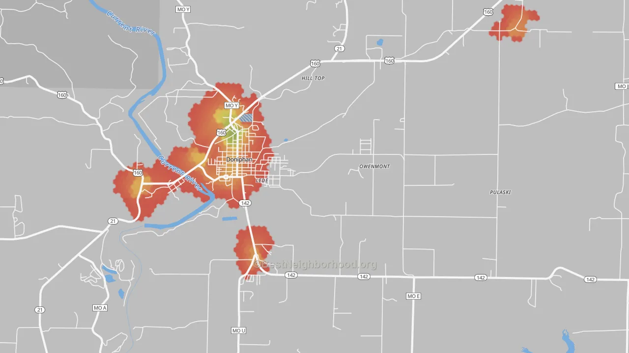 Walk Grade map of Hill Top, MO, walkable areas in green and car-dependent areas in red