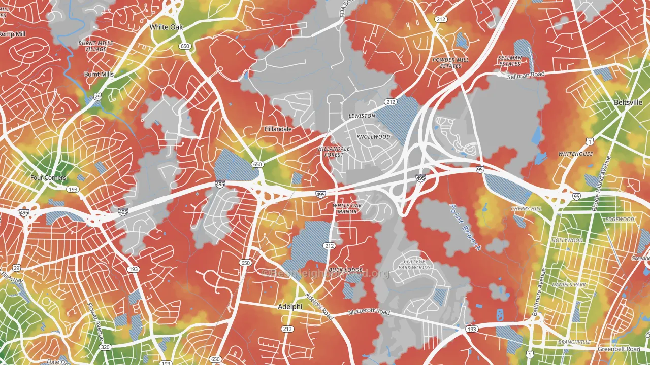 Walk Grade map of Hillandale, Silver Spring, MD, walkable areas in green and car-dependent areas in red