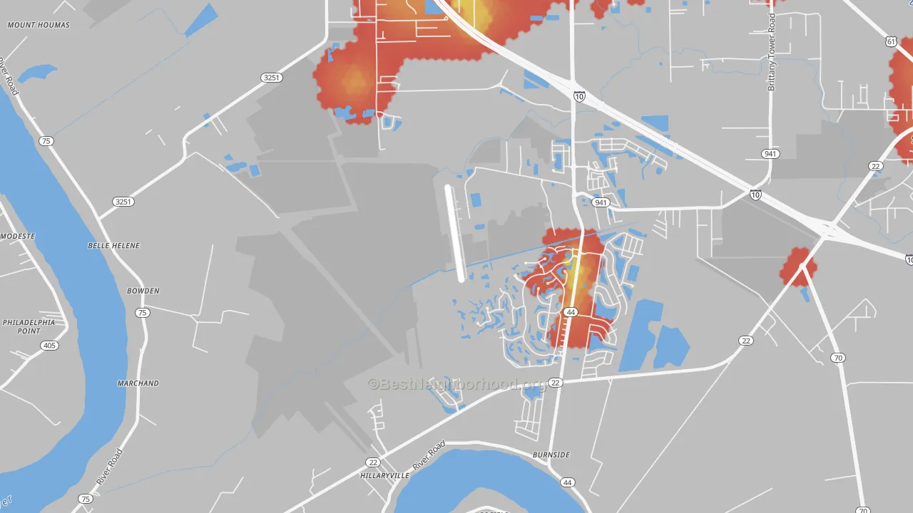 Walk Grade map of Hillaryville, LA, walkable areas in green and car-dependent areas in red