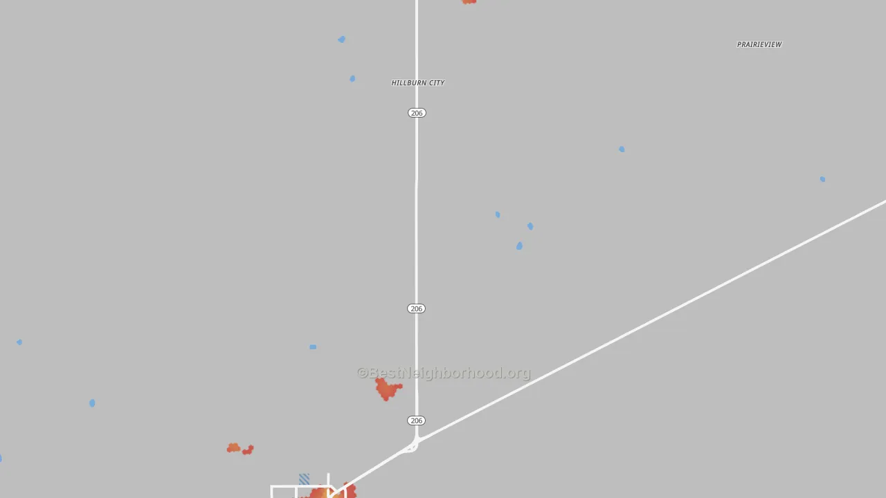 Walk Grade map of Hillburn City, NM, walkable areas in green and car-dependent areas in red