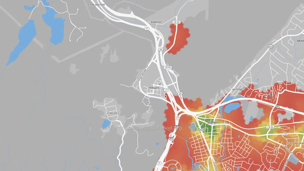 Walk Grade map of Hillburn, NY, walkable areas in green and car-dependent areas in red