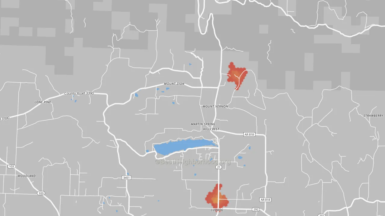 Walk Grade map of Hillcrest, AR, walkable areas in green and car-dependent areas in red