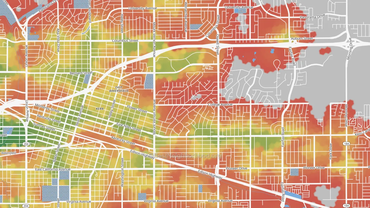 Walk Grade map of Hillcrest-Bakersfield, Bakersfield, CA, walkable areas in green and car-dependent areas in red
