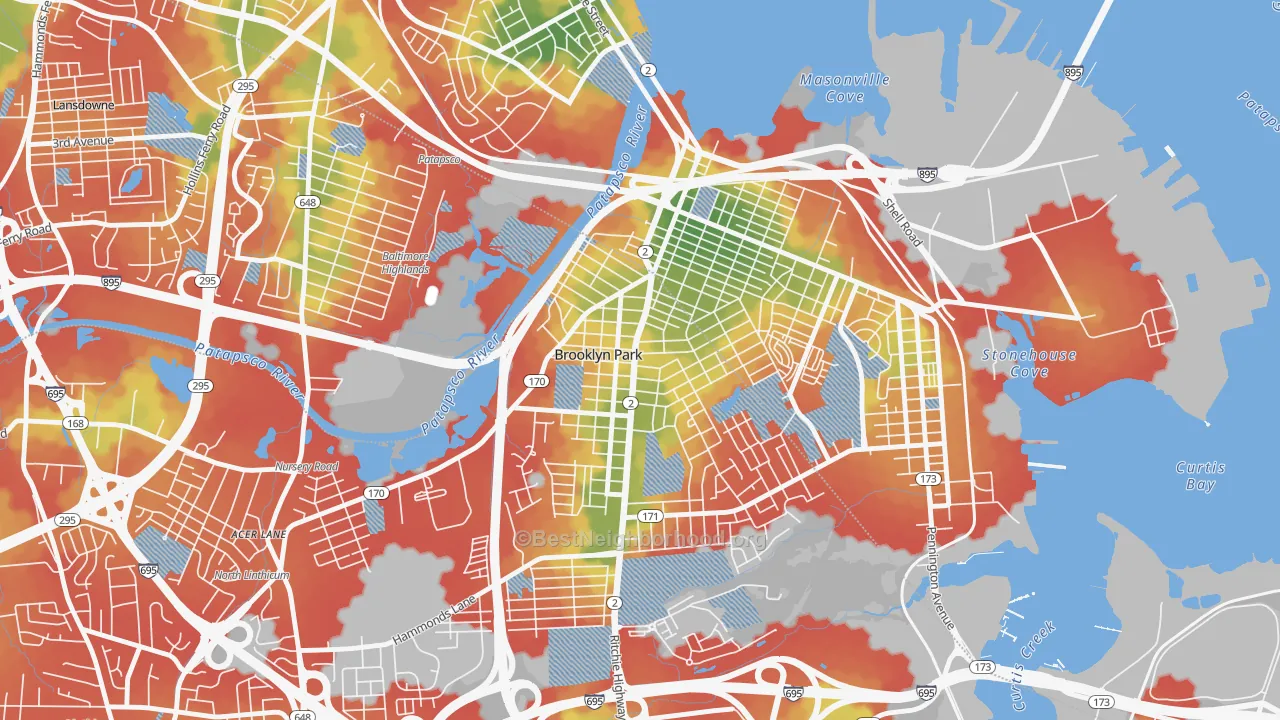 Walk Grade map of Hillcrest, Brooklyn Park, MD, walkable areas in green and car-dependent areas in red