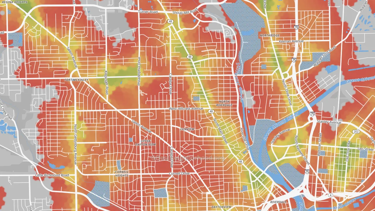 Walk Grade map of Hillcrest, Dayton, OH, walkable areas in green and car-dependent areas in red