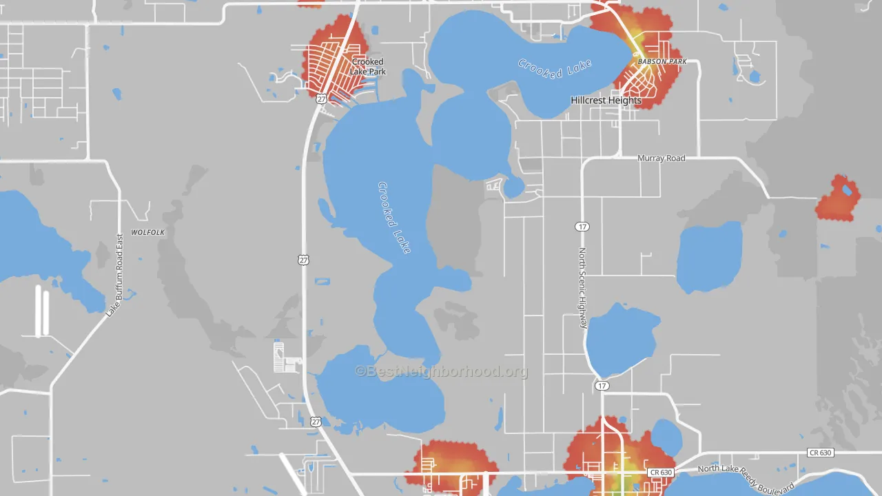 Walk Grade map of Hillcrest Heights, FL, walkable areas in green and car-dependent areas in red