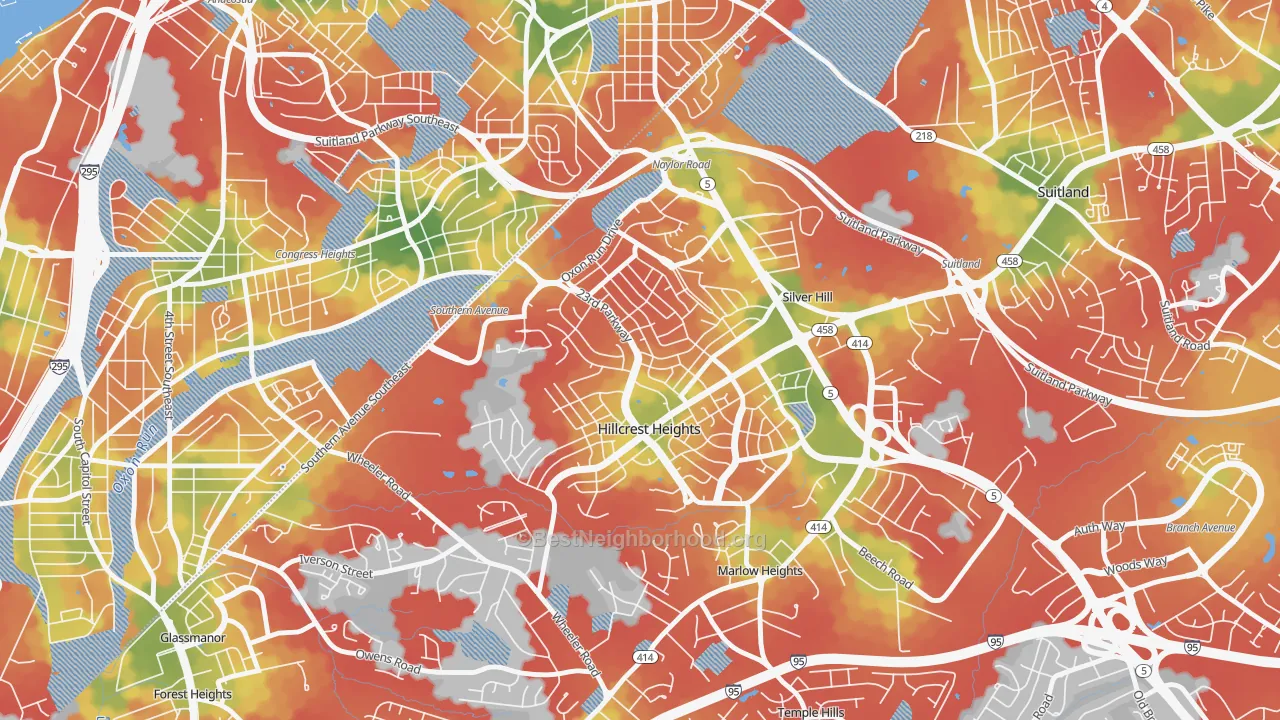 Walk Grade map of Hillcrest Heights, MD, walkable areas in green and car-dependent areas in red