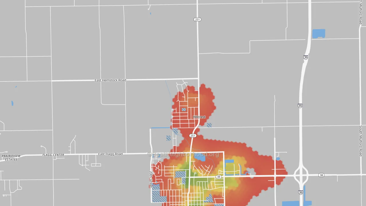 Walk Grade map of Hillcrest, IL, walkable areas in green and car-dependent areas in red
