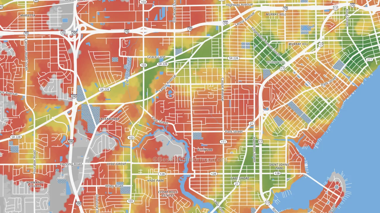 Walk Grade map of Hillcrest, Jacksonville, FL, walkable areas in green and car-dependent areas in red
