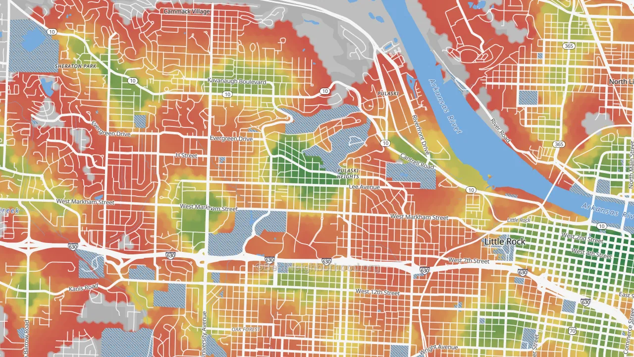 Walk Grade map of Hillcrest, Little Rock, AR, walkable areas in green and car-dependent areas in red